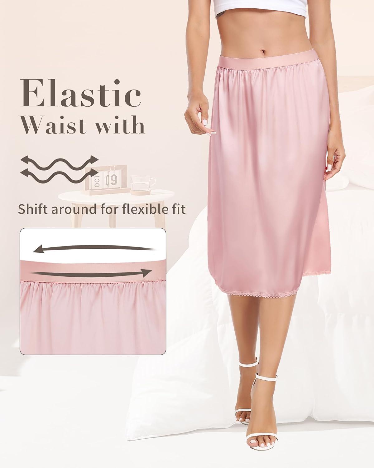 imageVlazom Womens Satin Half Slip Lace Slip Skirt Long Half for Under Dress Skirt Extender SXXLLight Pink