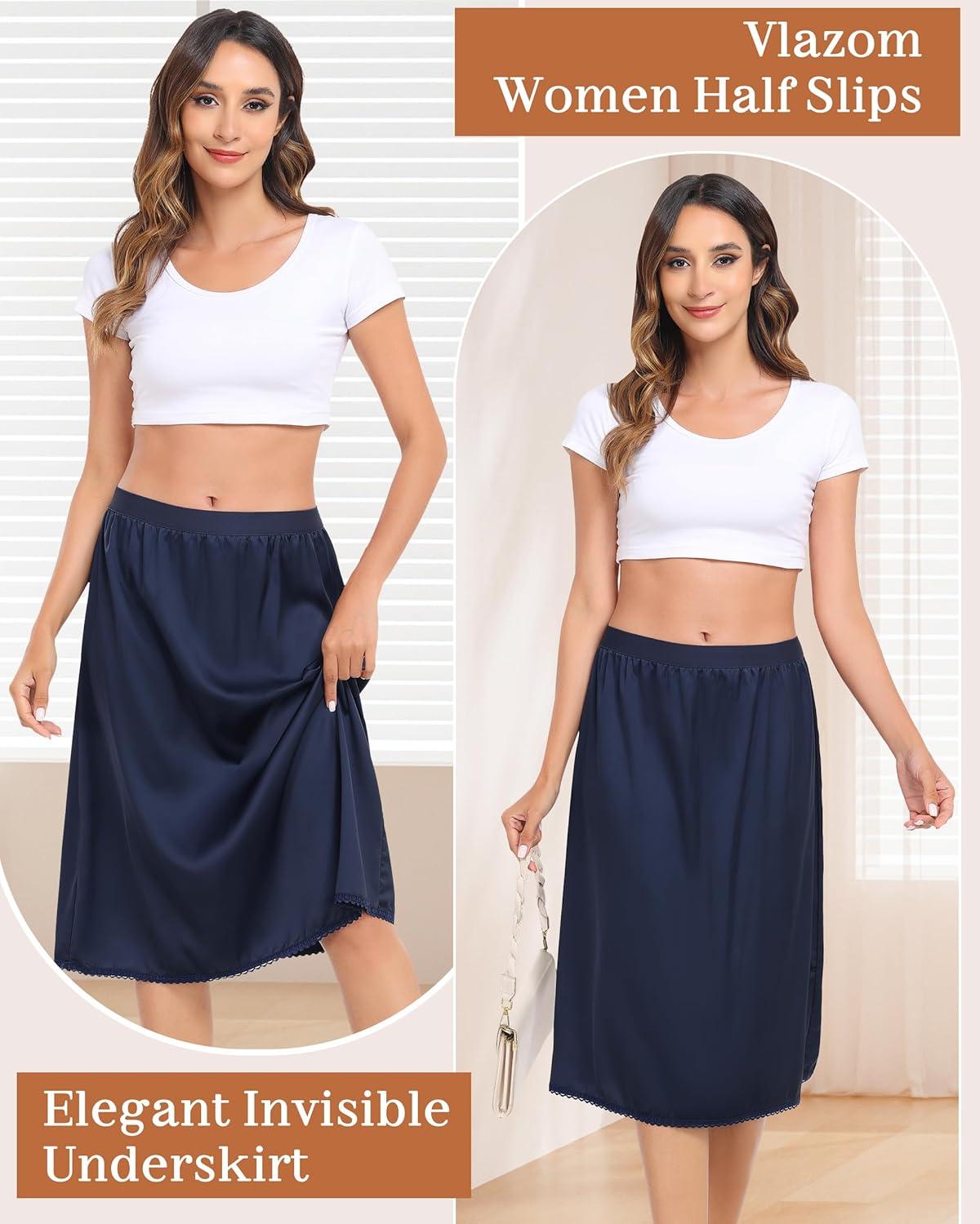 imageVlazom Womens Satin Half Slip Lace Slip Skirt Long Half for Under Dress Skirt Extender SXXLNavy Blue