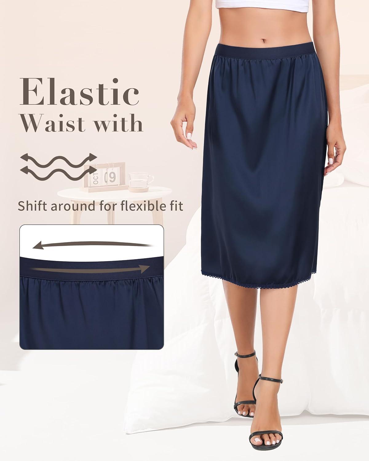 imageVlazom Womens Satin Half Slip Lace Slip Skirt Long Half for Under Dress Skirt Extender SXXLNavy Blue