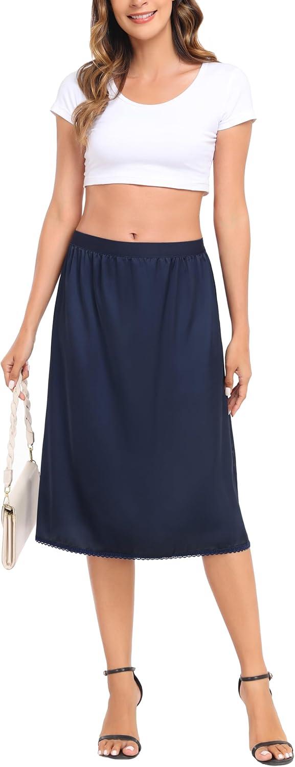 imageVlazom Womens Satin Half Slip Lace Slip Skirt Long Half for Under Dress Skirt Extender SXXLNavy Blue
