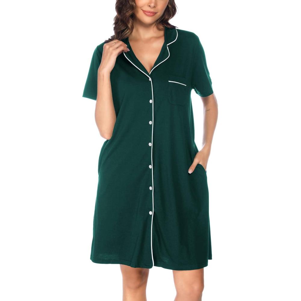 imageVlazom Womens Nightgowns Short Sleeve Sleep Shirts Nightshirt V Neck Button Down Pajama Sleepwear SXXLYdark Green