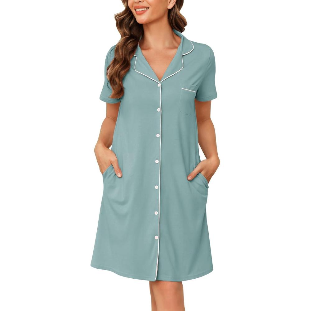imageVlazom Womens Nightgowns Short Sleeve Sleep Shirts Nightshirt V Neck Button Down Pajama Sleepwear SXXLYlight Green