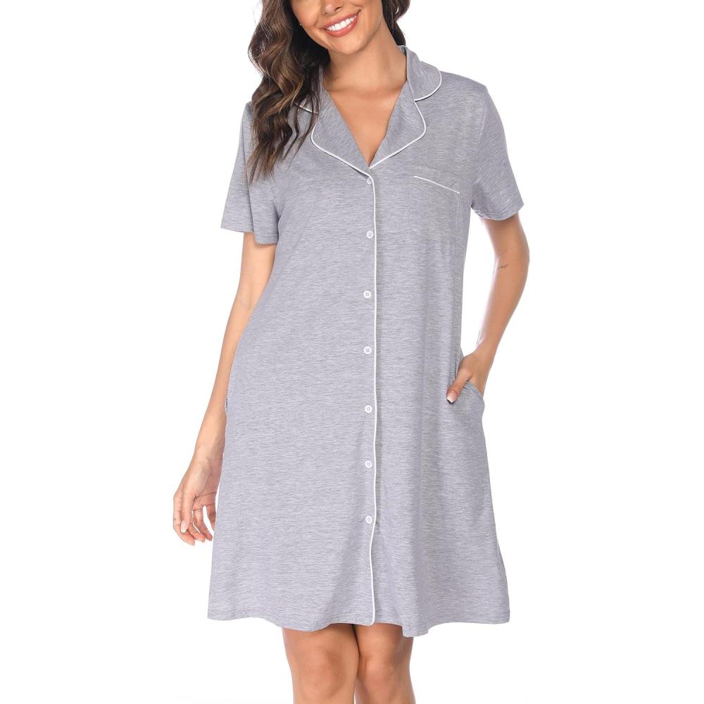 imageVlazom Womens Nightgowns Short Sleeve Sleep Shirts Nightshirt V Neck Button Down Pajama Sleepwear SXXLYlight Grey