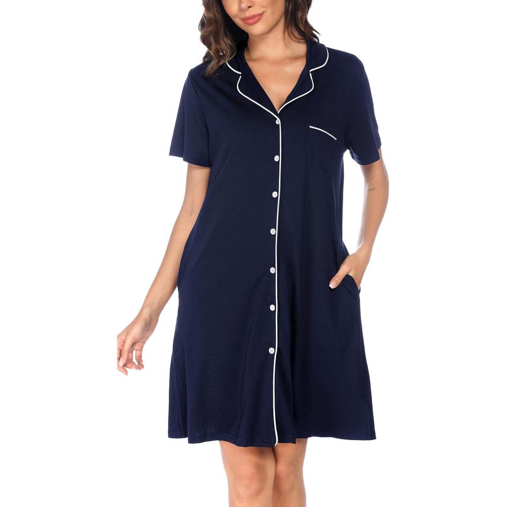 imageVlazom Womens Nightgowns Short Sleeve Sleep Shirts Nightshirt V Neck Button Down Pajama Sleepwear SXXLYnavy Blue