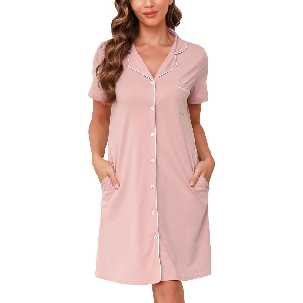 imageVlazom Womens Nightgowns Short Sleeve Sleep Shirts Nightshirt V Neck Button Down Pajama Sleepwear SXXLYpink
