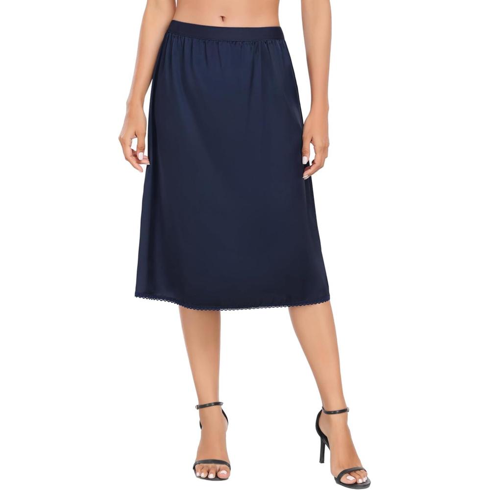 imageVlazom Womens Satin Half Slip Lace Slip Skirt Long Half for Under Dress Skirt Extender SXXLNavy Blue