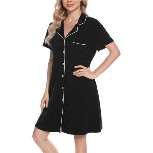Vlazom Women’s Nightgowns Short Sleeve Sleep Shirts Nightshirt V Neck Button Down Pajama Sleepwear S-XXL(Y-black)