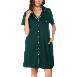 Vlazom Women’s Nightgowns Short Sleeve Sleep Shirts Nightshirt V Neck Button Down Pajama Sleepwear S-XXL(Y-dark Green)