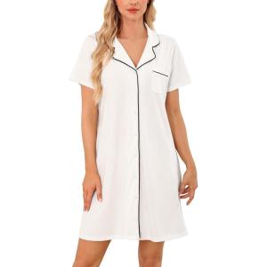 Vlazom Women’s Nightgowns Short Sleeve Sleep Shirts Nightshirt V Neck Button Down Pajama Sleepwear S-XXL(Y-white)