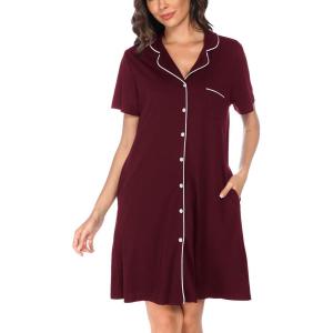 Vlazom Women’s Nightgowns Short Sleeve Sleep Shirts Nightshirt V Neck Button Down Pajama Sleepwear S-XXL(Y-wine Red)