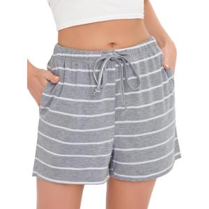 Vlazom Women’s Pajama Shorts Comfy Sleep Shorts Striped Pajama Bottom Drawstring Waist with Pockets S-XXL(Light Grey)