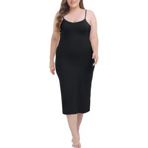 Vlazom Women’s Plus Size Full Slip Dresses Adjustable Spaghetti Strap Under Dresses Long Nightgown V-Neck Cami Dress(Black)