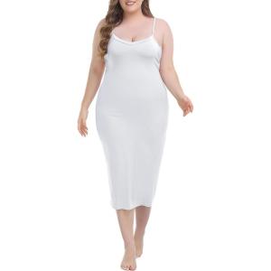 Vlazom Women’s Plus Size Full Slip Dresses Adjustable Spaghetti Strap Under Dresses Long Nightgown V-Neck Cami Dress(White)