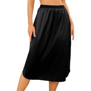 Vlazom Women’s Satin Half Slip Under Slip Long Underskirt Half Slips for Under Dresses Slip Side Slit Size S-XXL(Black)