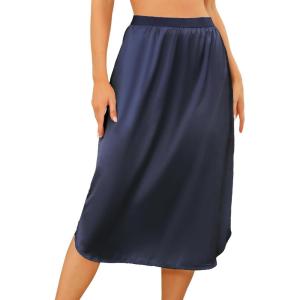 Vlazom Women’s Satin Half Slip Under Slip Long Underskirt Half Slips for Under Dresses Slip Side Slit Size S-XXL(Navy Blue)