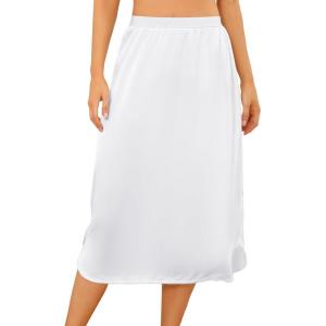 Vlazom Women’s Satin Half Slip Under Slip Long Underskirt Half Slips for Under Dresses Slip Side Slit Size S-XXL(White)
