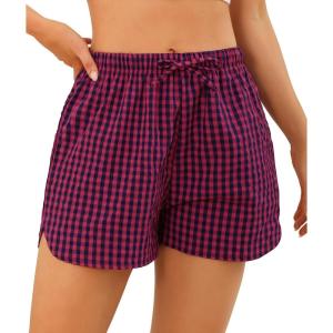Vlazom Women’s Sleep Shorts Cute Plaid Pajamas Shorts Soft Elastic Pajama Bottoms Boxer Shorts Sleepwear S-XXL(Blue/Red)