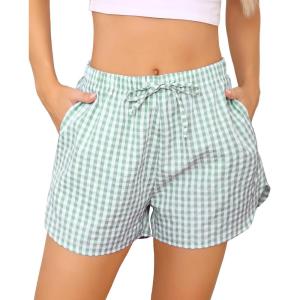 Vlazom Women’s Sleep Shorts Cute Plaid Pajamas Shorts Soft Elastic Pajama Bottoms Boxer Shorts Sleepwear S-XXL(Light Green)