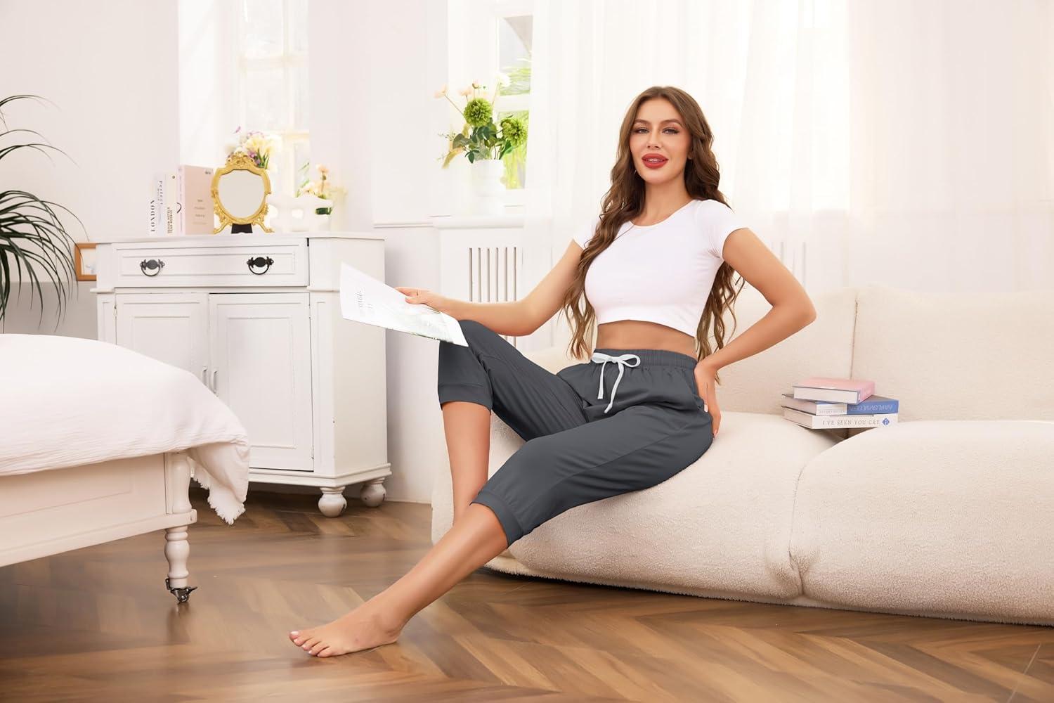 imageVlazom Womens Yoga Capri Pants Drawstring Joggers Pants Sweatpants with Pockets for Lounge Gym Running Workout S3XLGunmetal Grey