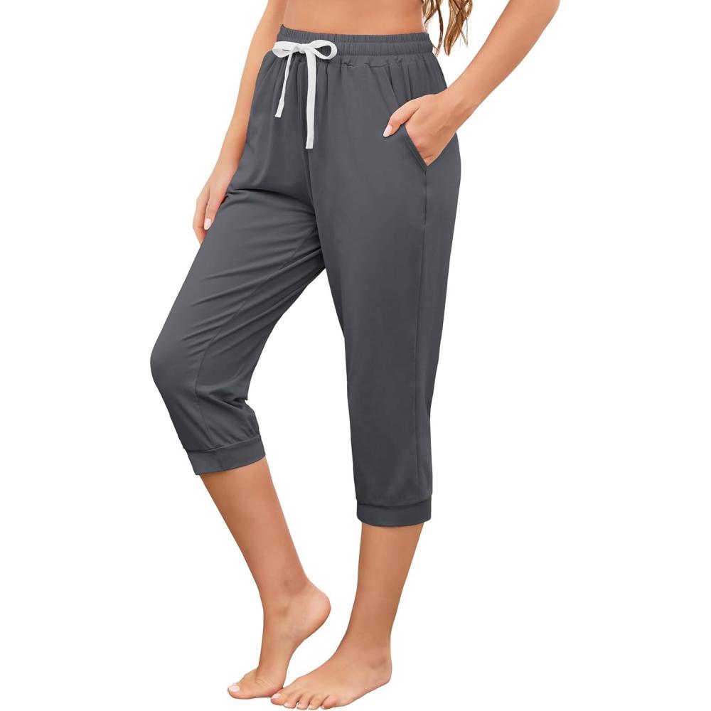 imageVlazom Womens Yoga Capri Pants Drawstring Joggers Pants Sweatpants with Pockets for Lounge Gym Running Workout S3XLGunmetal Grey