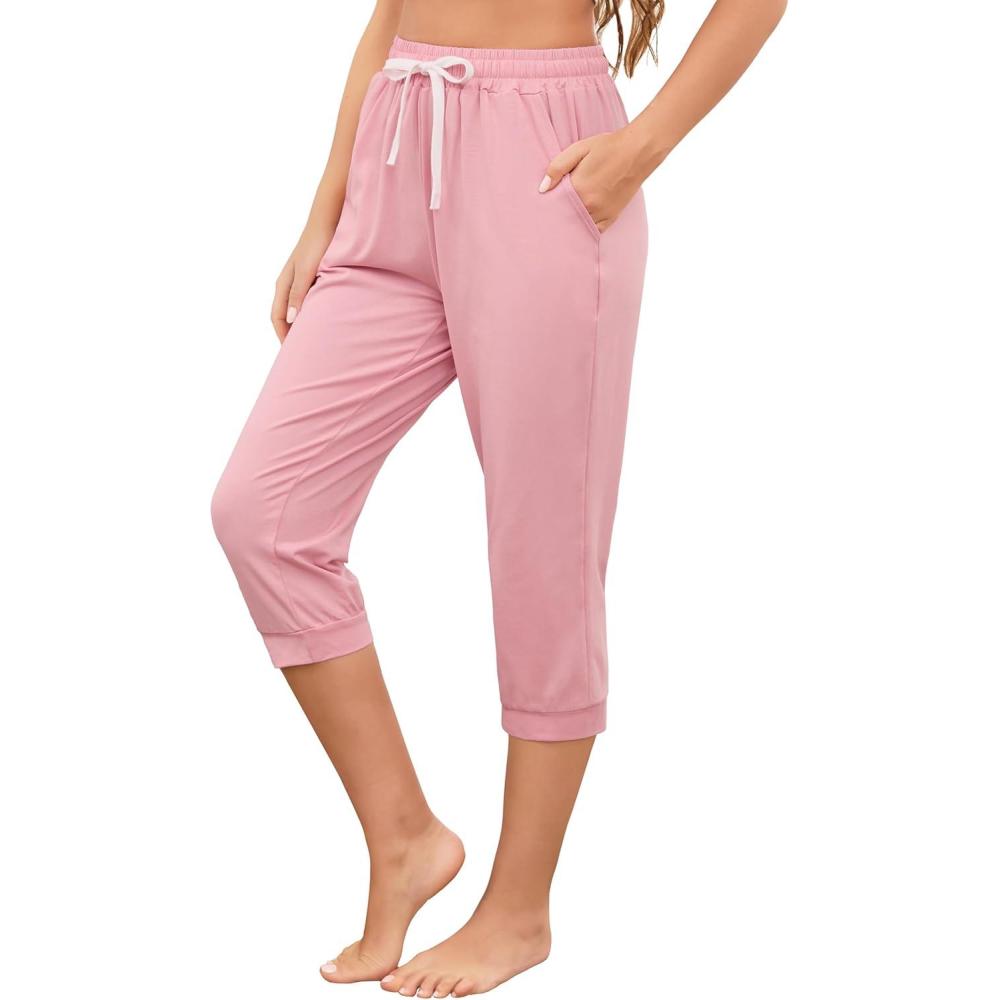 imageVlazom Womens Yoga Capri Pants Drawstring Joggers Pants Sweatpants with Pockets for Lounge Gym Running Workout S3XLPink