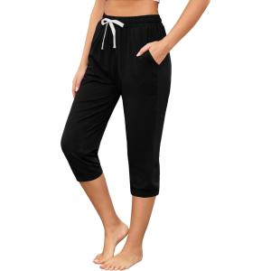 Vlazom Women’s Yoga Capri Pants Drawstring Joggers Pants Sweatpants with Pockets for Lounge Gym Running Workout S-3XL(Black)