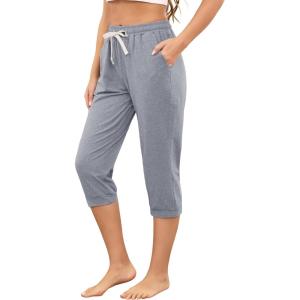 Vlazom Women’s Yoga Capri Pants Drawstring Joggers Pants Sweatpants with Pockets for Lounge Gym Running Workout S-3XL(Light Grey)
