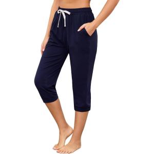 Vlazom Women’s Yoga Capri Pants Drawstring Joggers Pants Sweatpants with Pockets for Lounge Gym Running Workout S-3XL(Navy)