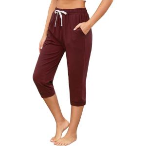 Vlazom Women’s Yoga Capri Pants Drawstring Joggers Pants Sweatpants with Pockets for Lounge Gym Running Workout S-3XL(Wine Red)