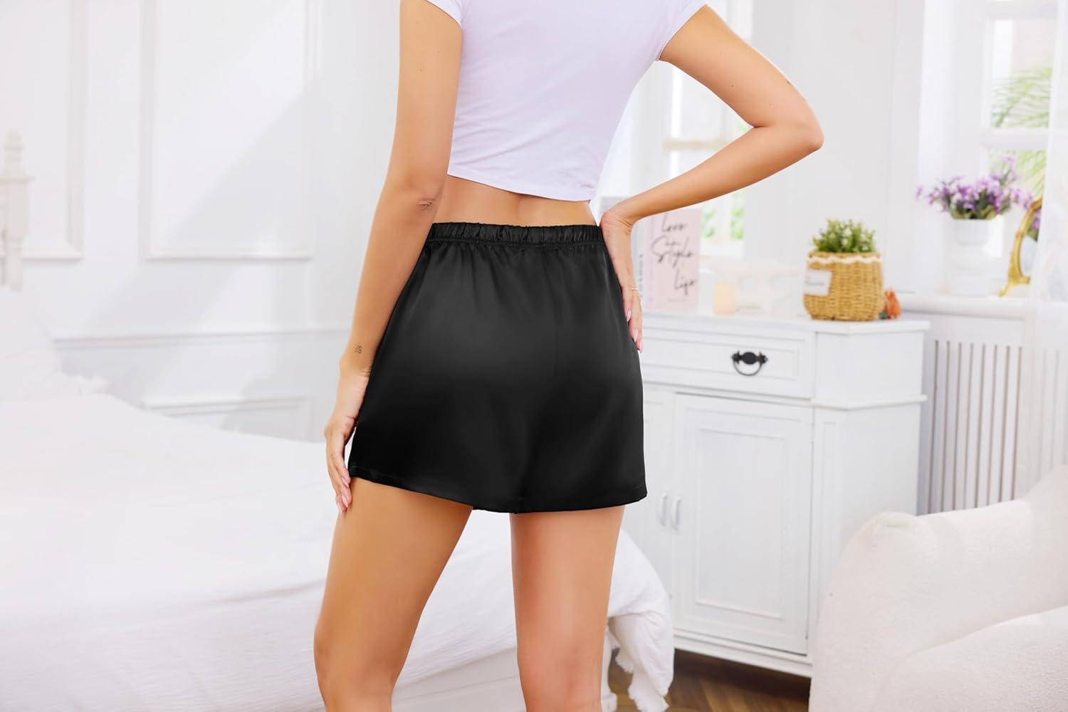 imageVlazom Womens Silk Satin Pajama Shorts Soft Lounge Sleep Pj Bottoms Drawstring Boxer Shorts for Casual SXXLBlack