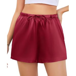 Vlazom Women’s Silk Satin Pajama Shorts Soft Lounge Sleep Pj Bottoms Drawstring Boxer Shorts for Casual S-XXL(Wine Red)