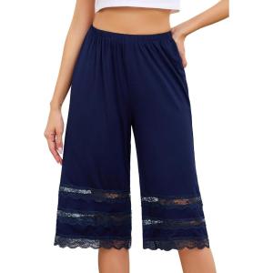 Vlazom Women’s Pettipants Bottom Half Slip Culotte Slip Shorts Pajama Pants Lace Trim Wide Leg Bloomers S-3XL(Navy)
