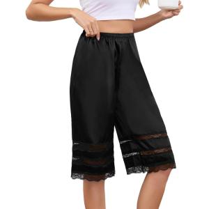 Vlazom Women’s Satin Pettipant Culotte Slip Shorts Lace Trim Wide Leg Bloomers for Split Skirt Under Dress S-3XL(Black)