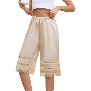 Vlazom Women’s Satin Pettipant Culotte Slip Shorts Lace Trim Wide Leg Bloomers for Split Skirt Under Dress S-3XL(Champagne)