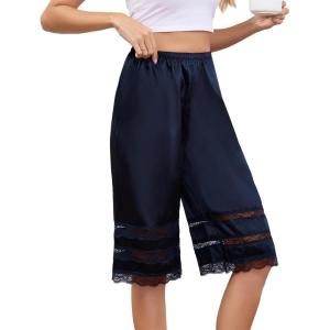 Vlazom Women’s Satin Pettipant Culotte Slip Shorts Lace Trim Wide Leg Bloomers for Split Skirt Under Dress S-3XL(Navy)