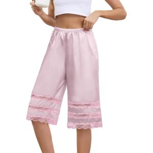 Vlazom Women’s Satin Pettipant Culotte Slip Shorts Lace Trim Wide Leg Bloomers for Split Skirt Under Dress S-3XL(Pink)