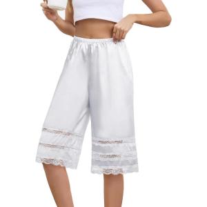 Vlazom Women’s Satin Pettipant Culotte Slip Shorts Lace Trim Wide Leg Bloomers for Split Skirt Under Dress S-3XL(White)