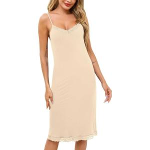 Vlazom Women’s Full Slip for Under Dress,Long Lace Cami Slip Dress Soft Modal Underskirt with Adjustable Strap(Nude)